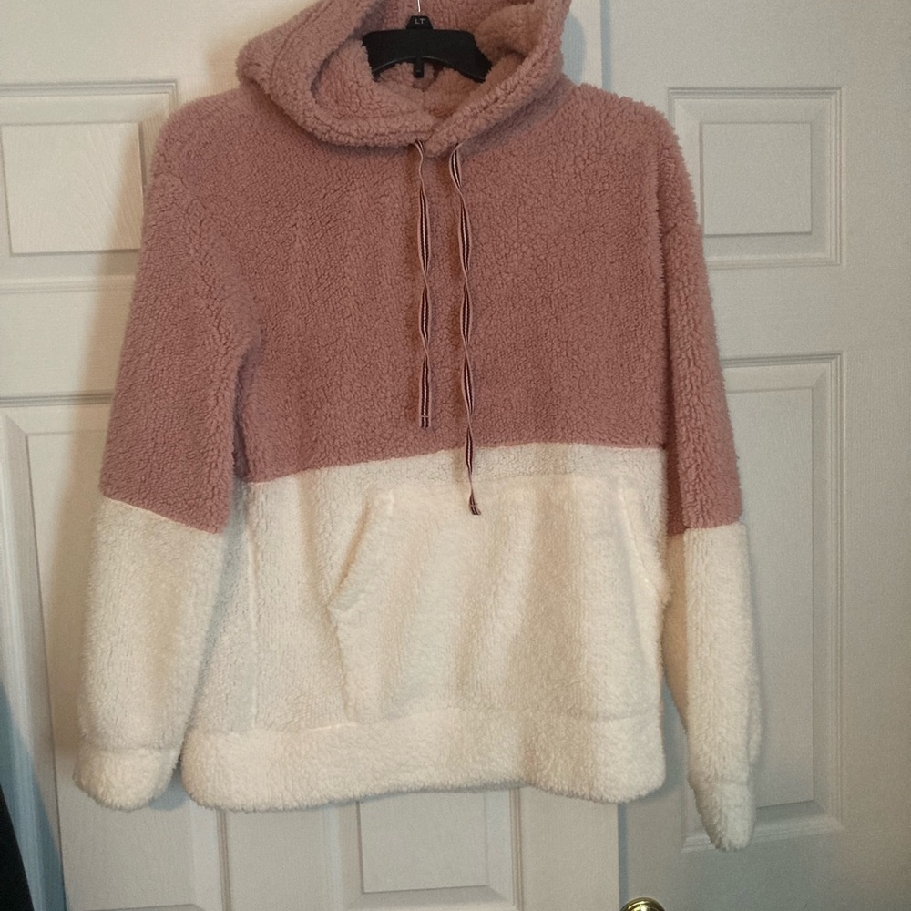 OBO Pink and white fuzzy pullover hoodie
